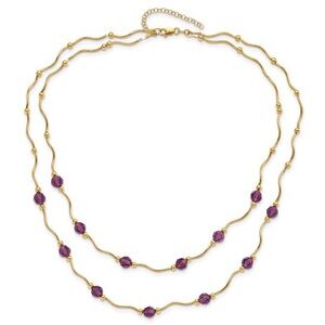 14k Yellow Gold Spiral Bead and Purple Crystal 17” w 2” Ext Layered Necklace